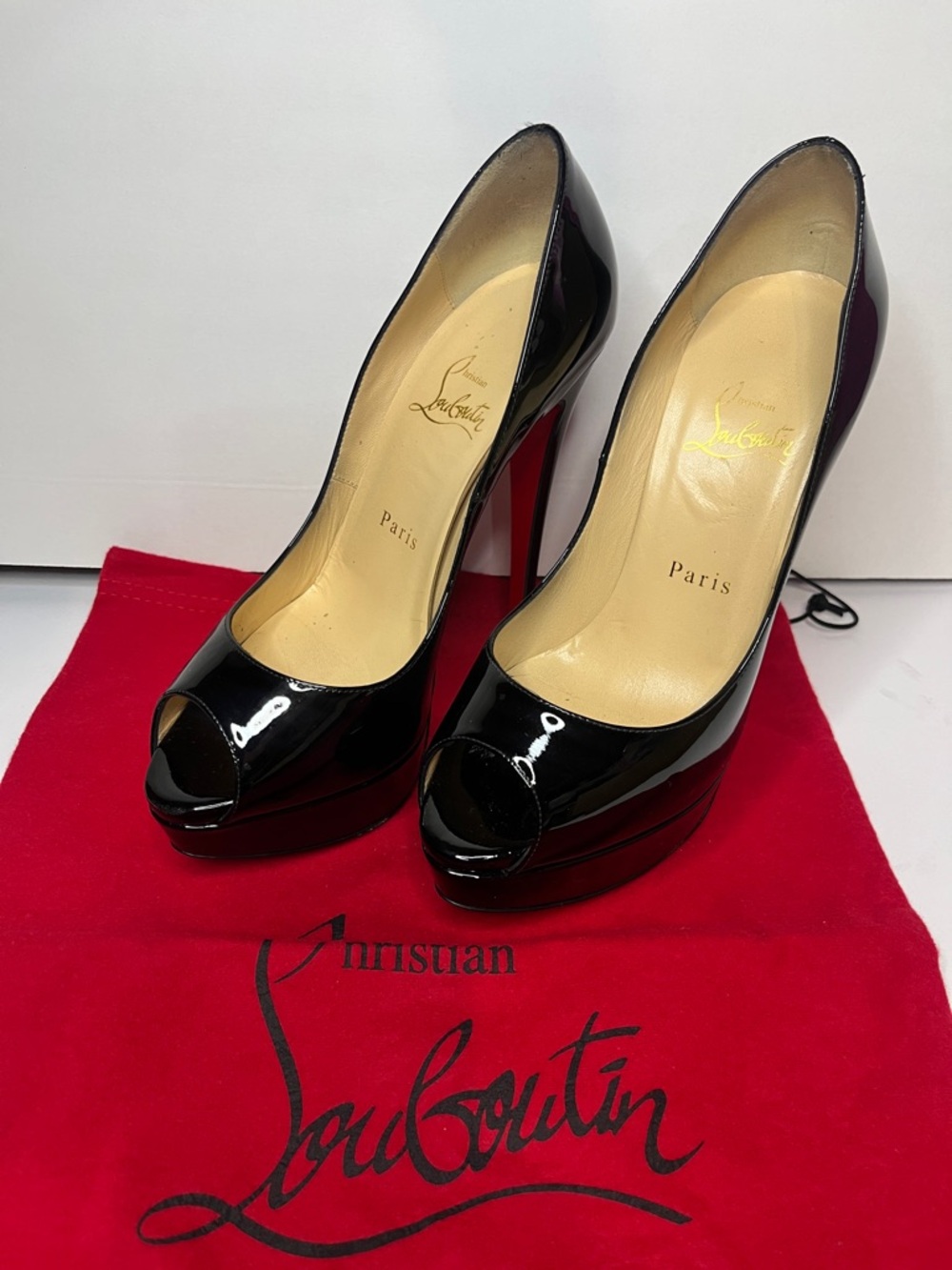 SZ 37 Christian Louboutin Black Patent Leather Peep-Toe Platform Pumps - Picture 6 of 15